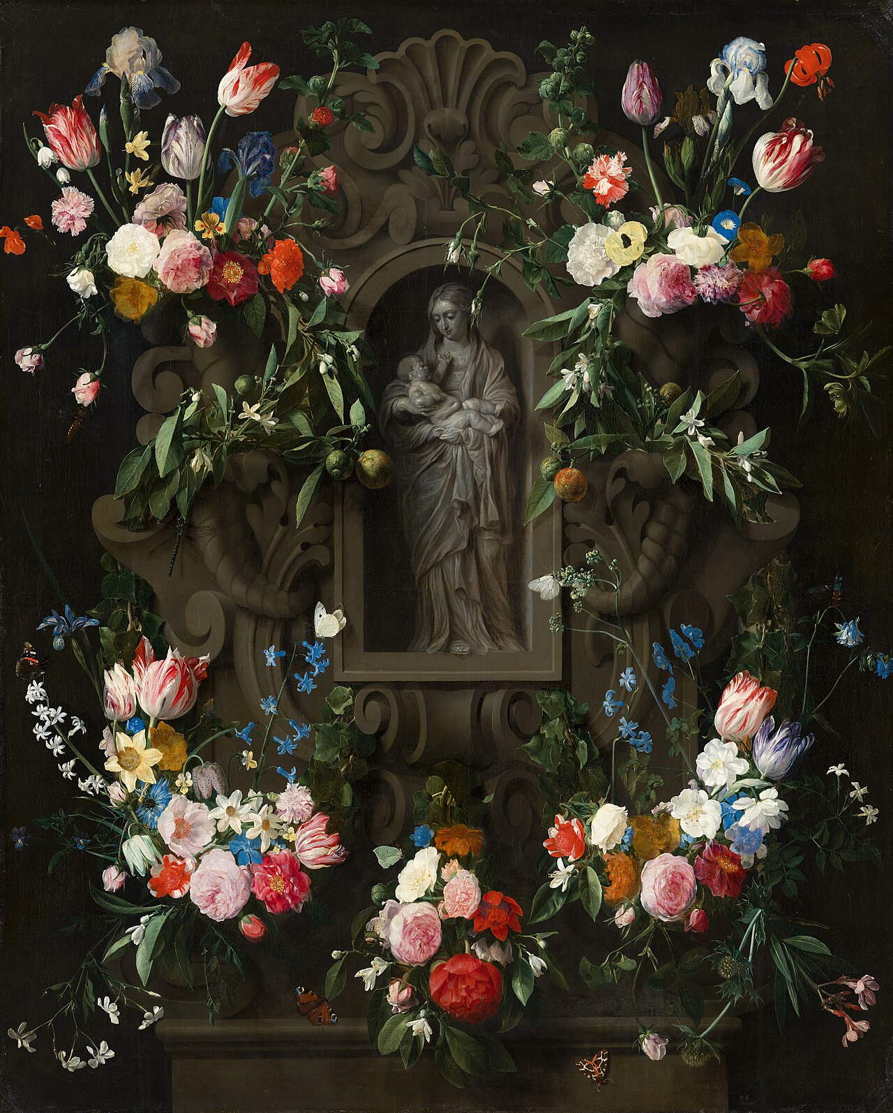 Garland of Flowers surrounding a Sculpture of the Virgin Mary by Thomas Willeboirts Bosschaert