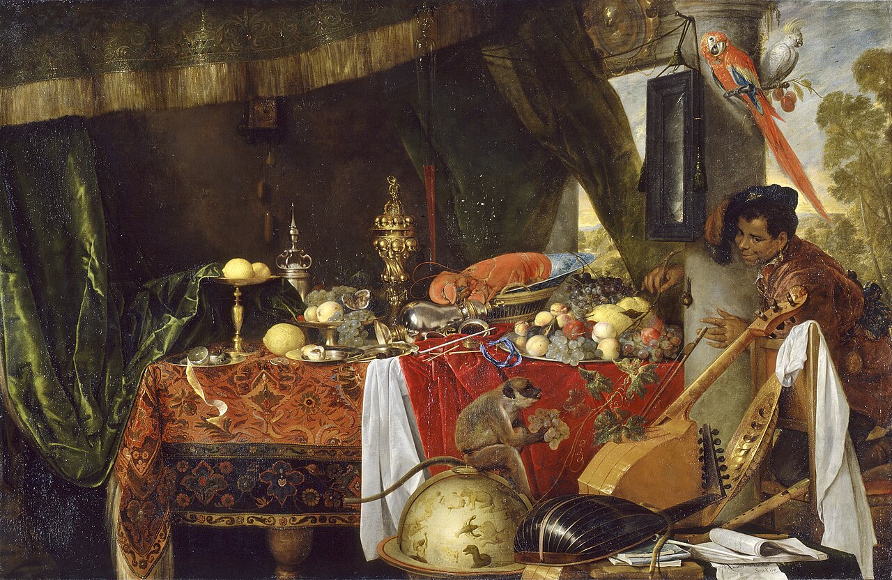 The meal in peril. Still life with black servant and parrot by Thomas Willeboirts Bosschaert