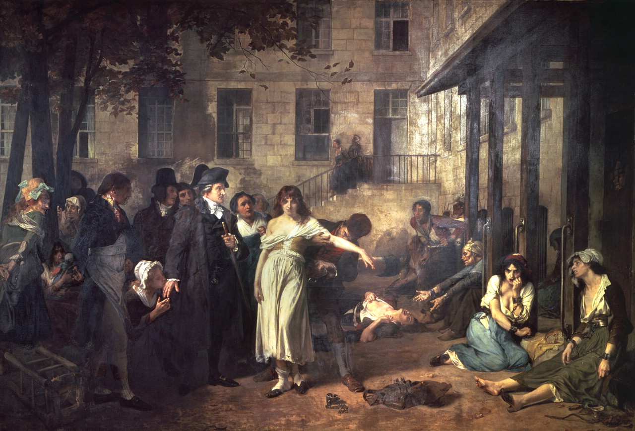 Pinel, médecin en chef de La Salpêtrière, délivrant des aliénés de leurs chaînes by Tony Robert-Fleury