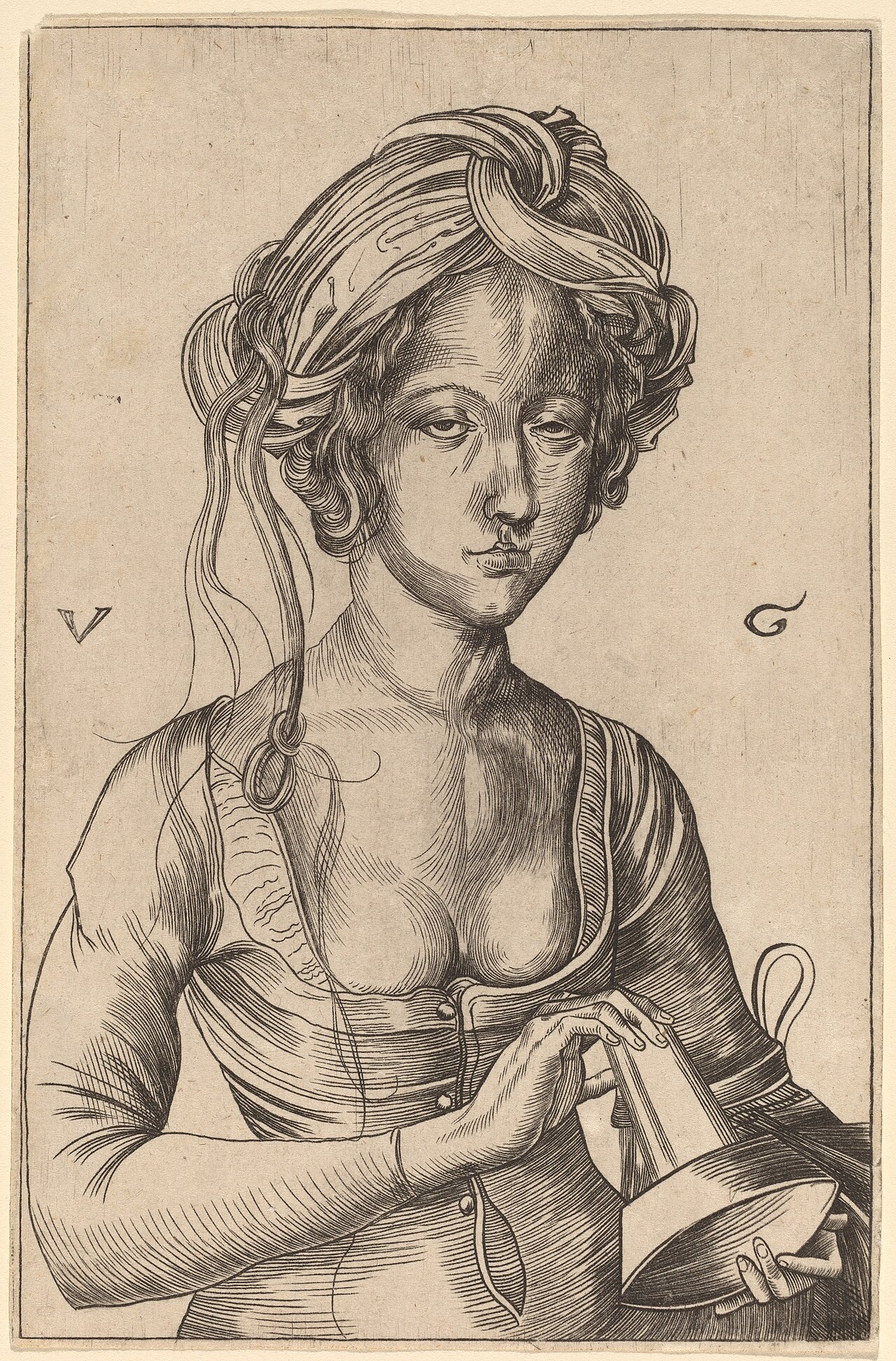 A Bust Figure of a Foolish Virgin Holding Her Inverted Lamp by Urs Graf senior