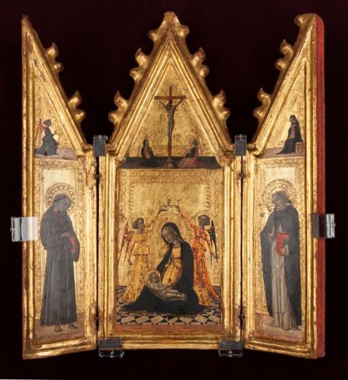 Madonna of Humility Crowned by Two Angels, Saints Francis and Dominic, Annunciation and Crucifixion - Vecchietta (Lorenzo di Pietro) by Vecchietta