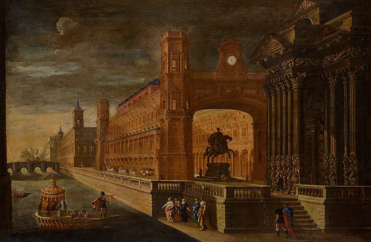 Architectural capriccio, with Aeneas's arrival in Carthage in the foreground by Vicente Giner