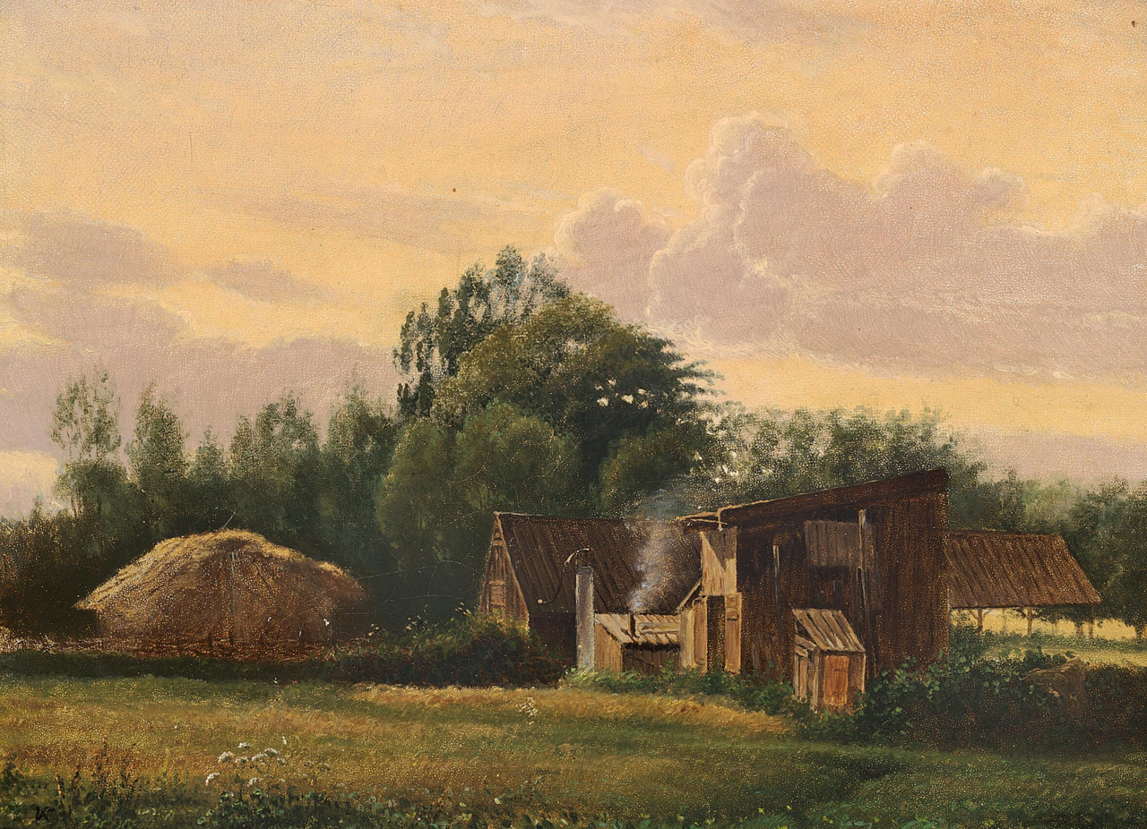 Evening landscape with sheds and trees. by Vilhelm Kyhn
