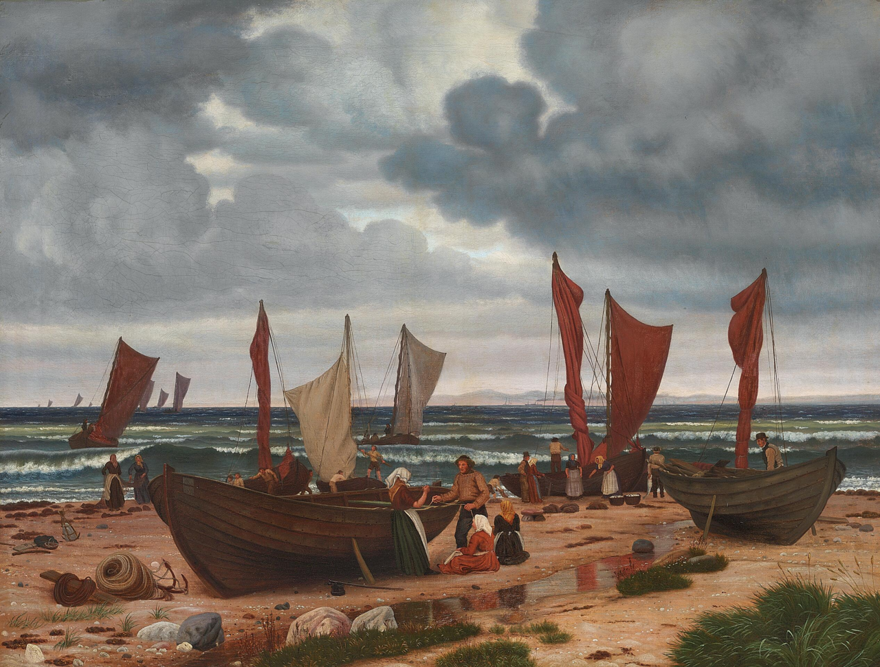 Fishermen of Hornbæk coming home from catching herring in unruly weather. by Vilhelm Kyhn