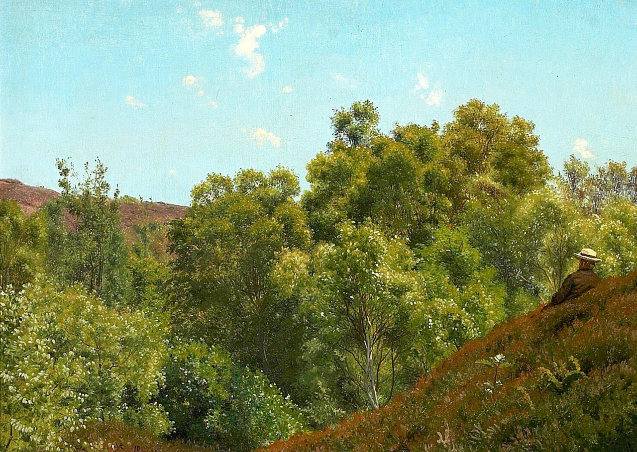 Hilly landscape with a man resting. by Vilhelm Kyhn