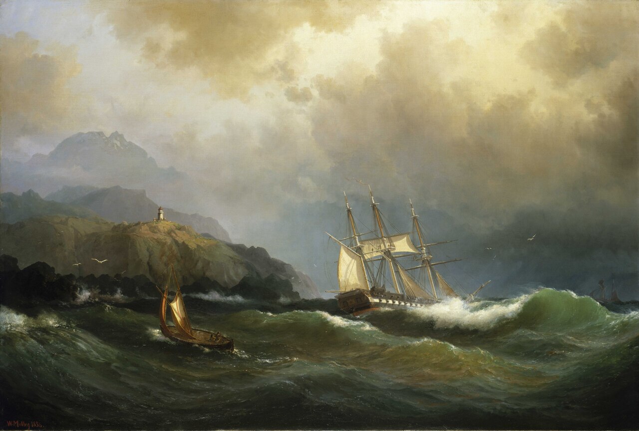 A frigate clawing off a rocky coast by Vilhelm Melbye