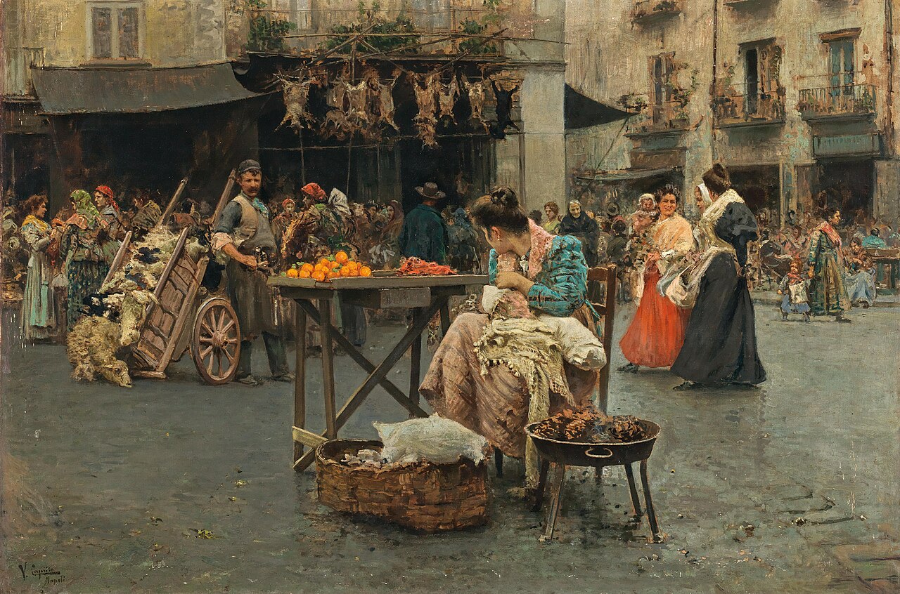 A market scene in Naples by Vincenzo Caprile