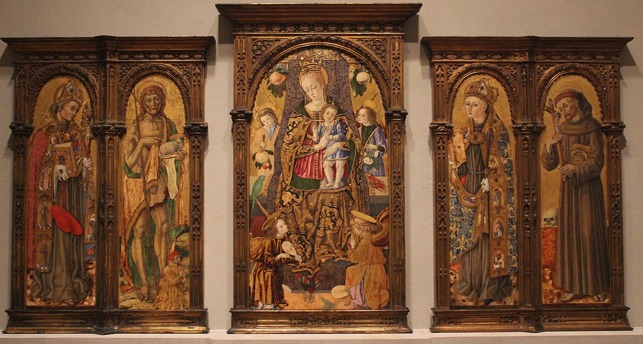 Enthroned Virgin and Child, with Angels and Saints Bonaventure, John the Baptist, Louis of Toulouse, and Francis of Assisi by Vittore Crivelli