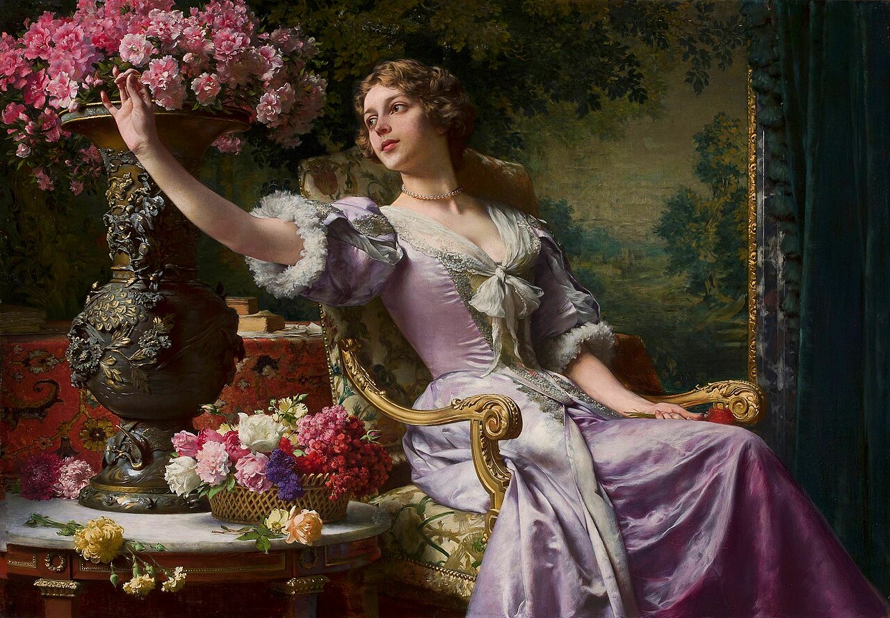 A lady in a lilac dress with flowers (For him). by Władysław Czachórski