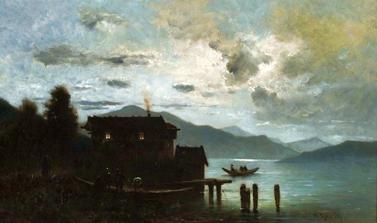 Mountain lake at dusk. by Władysław Malecki