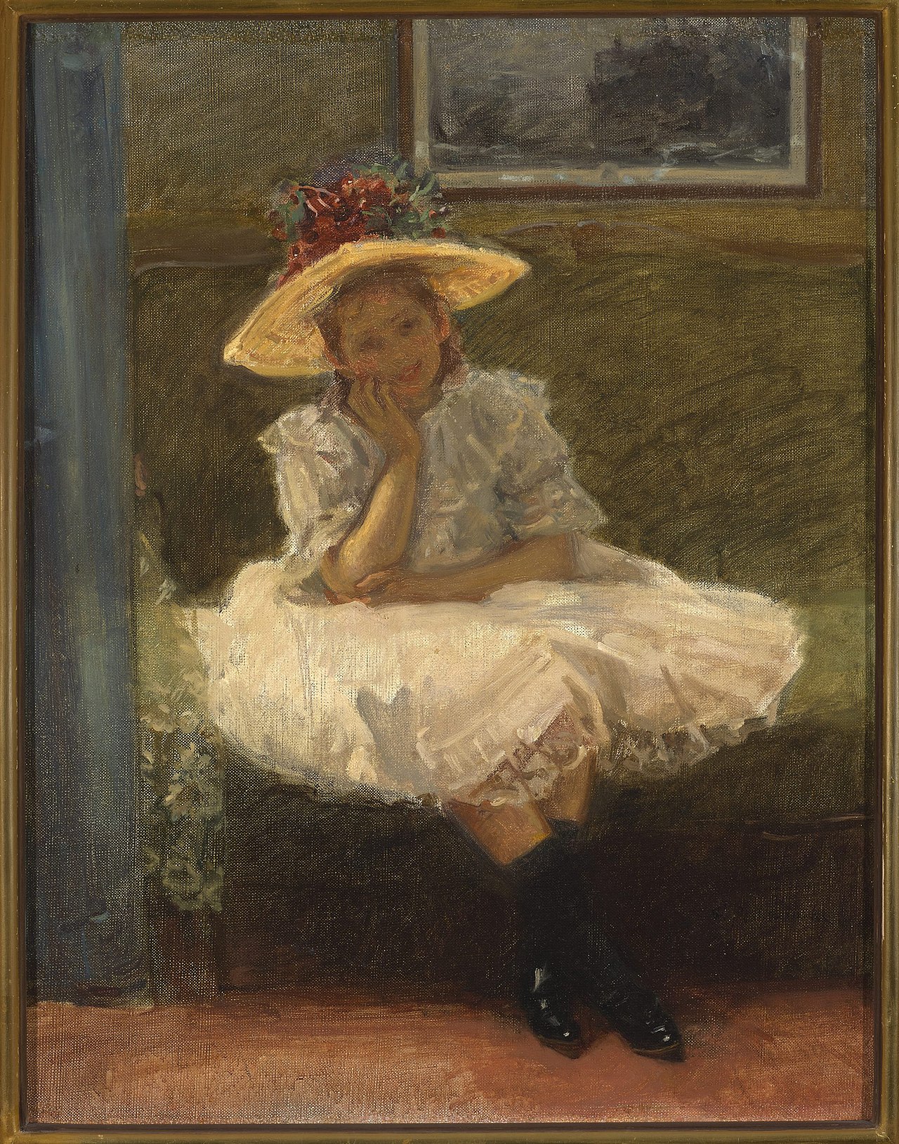 A girl in a hat with flowers. by Władysław Podkowiński