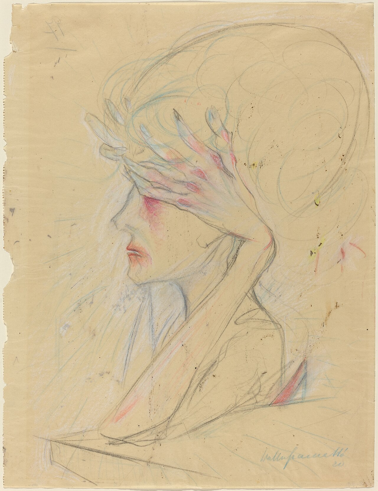 An Elegant Woman with Her Hands Covering Her Eyes by Walter Gramatté
