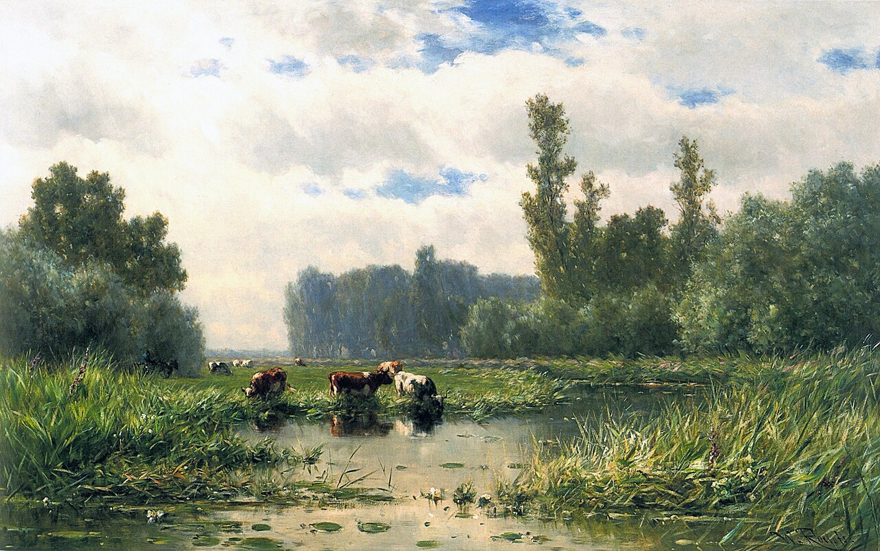 Cows at the waterside by Willem Roelofs