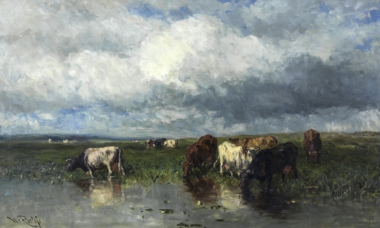 Landscape with cows at the waterfront by Willem Roelofs