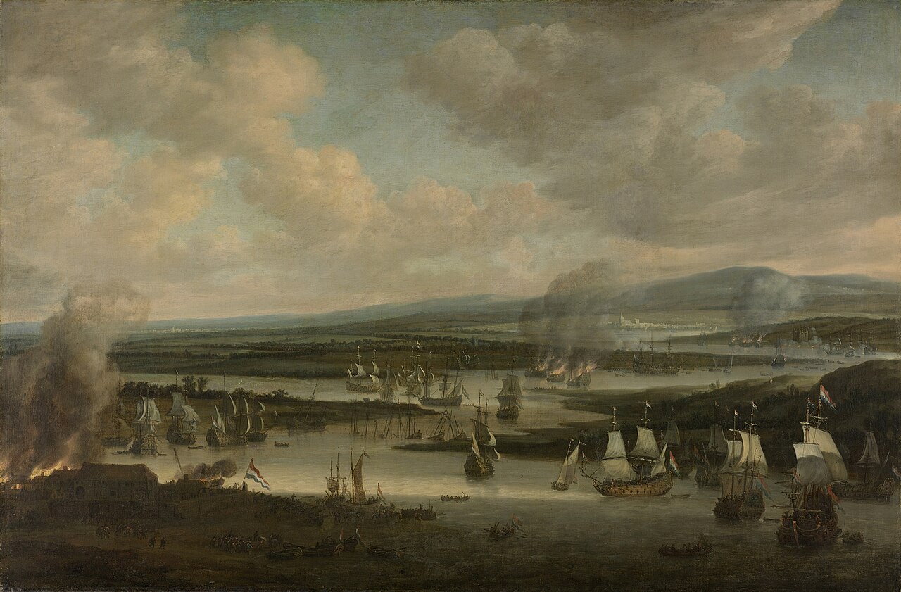 The burning of the English fleet near Chatham, June 1667, during the second Anglo-Dutch war by Willem Schellinks