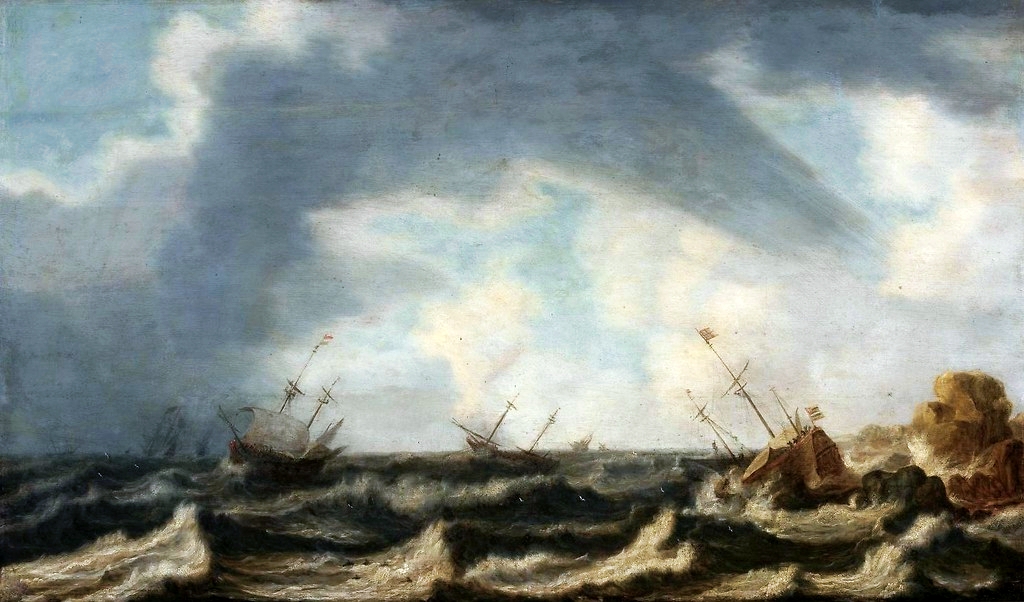 A rough sea with a shipwreck. by Willem van Diest