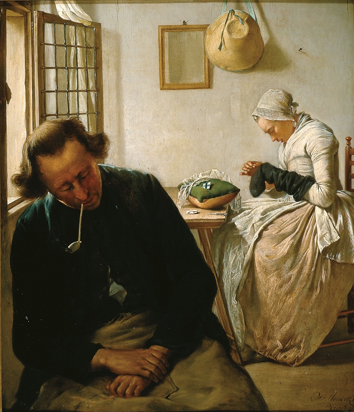 Interior with a Sleeping Man and a Woman Darning Socks by Wybrand Hendricks