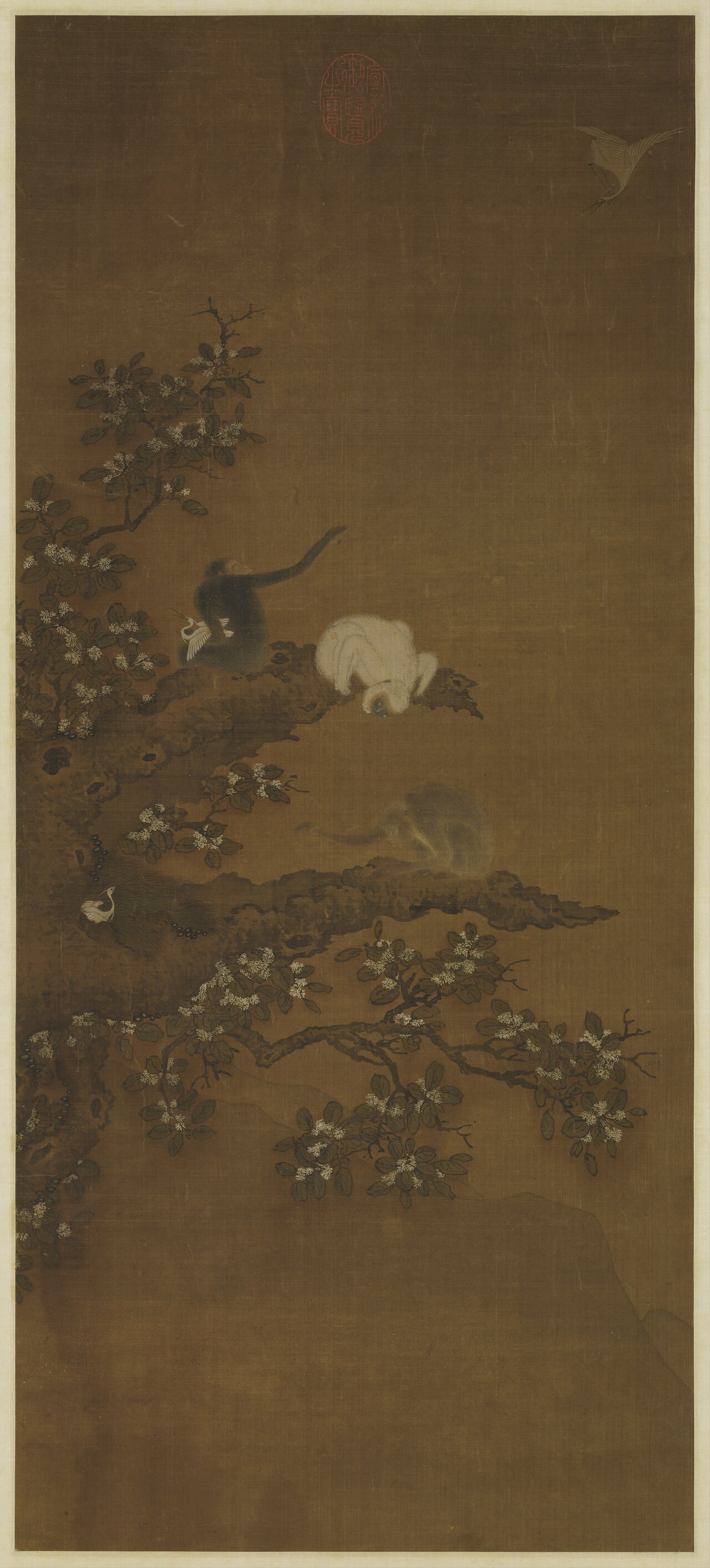 Three Gibbons Capturing Egrets by Yi Yuanji
