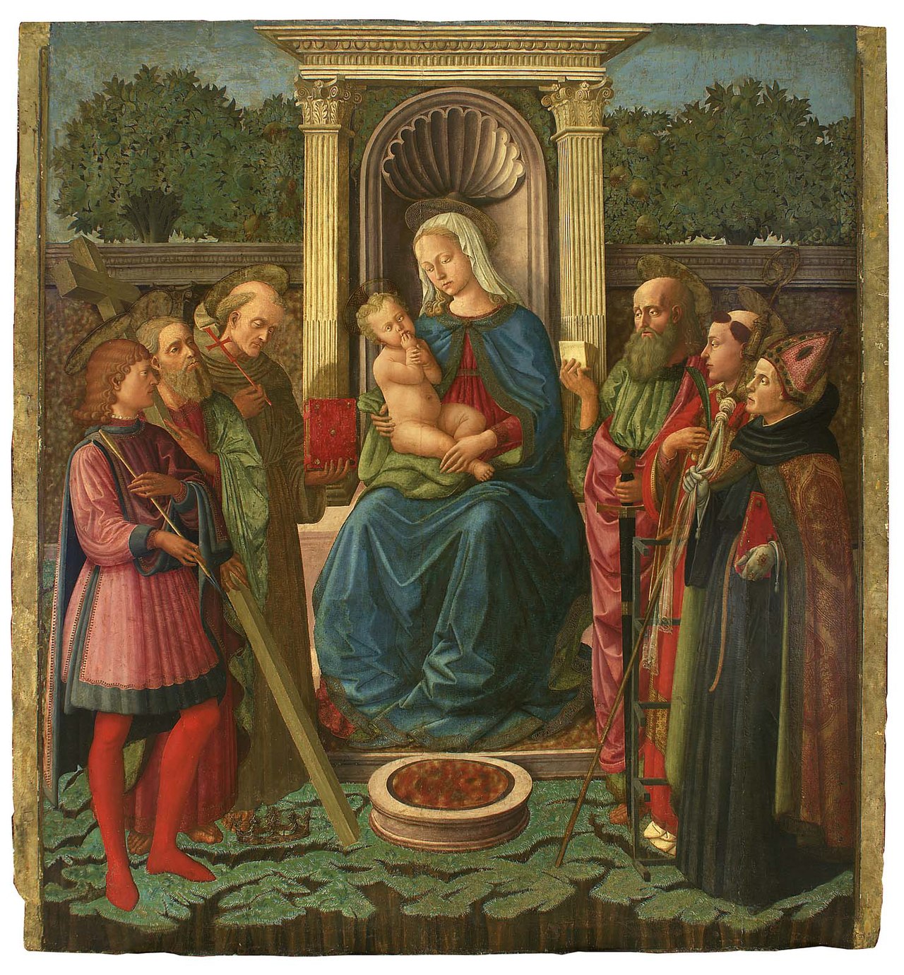Virgin and Child Enthroned with Saints Sebastian, Andrew, Bernardino (?), Paul, Lawrence, and Augustine by Zanobi Machiavelli