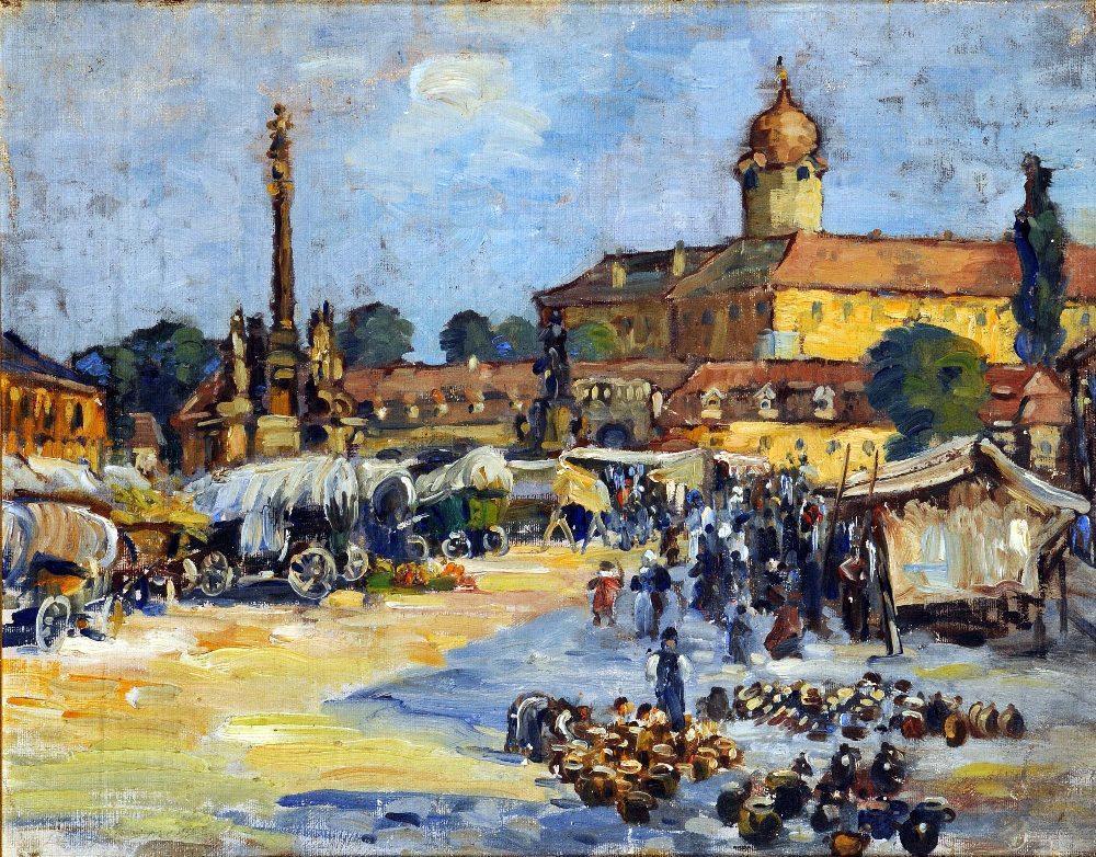 A town square market with figures by Zdenka Braunerová